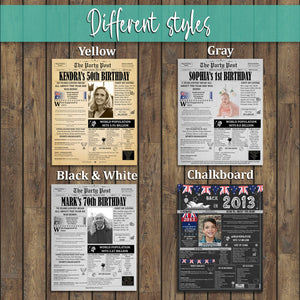 Printable birthday newspaper poster with fun facts - digital