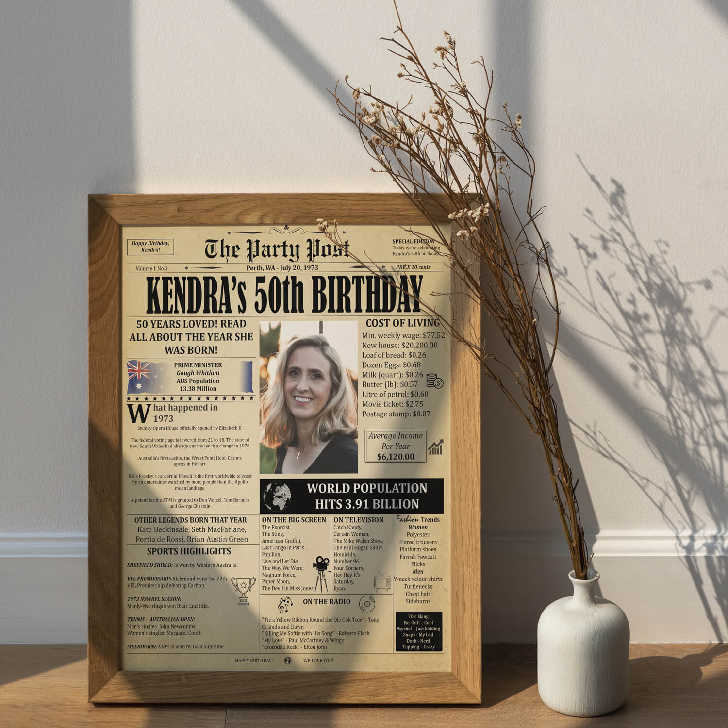 Printable birthday newspaper poster with fun facts - digital